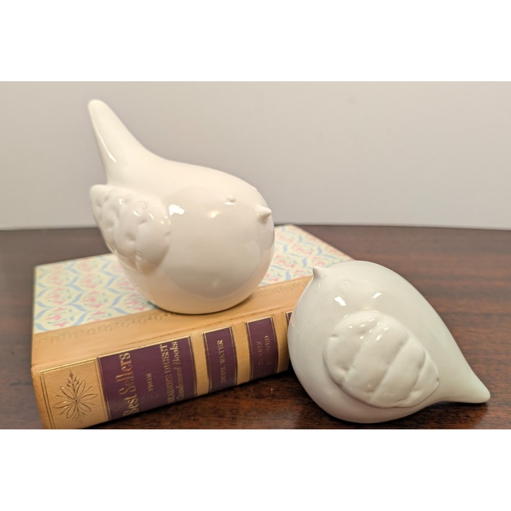 Pair White Ceramic Bird Figurines Modern Farmhouse Minimalist Home Decor 4–7"
